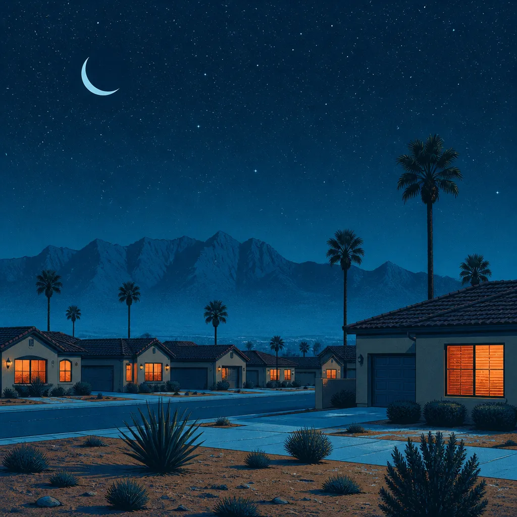 Illustration of a Las Vegas desert neighbourhood on a cold winter night with warmly lit windows