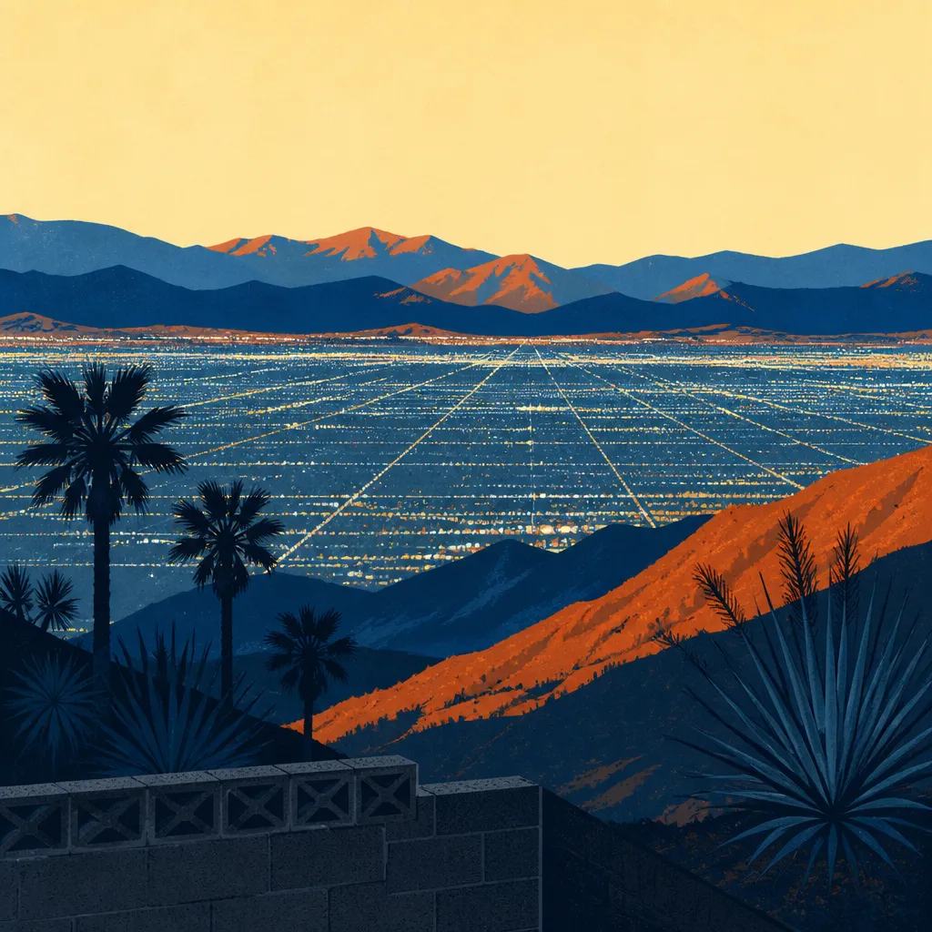Illustration of the Las Vegas valley at dusk, ringed by desert mountains with the city grid spread across the basin
